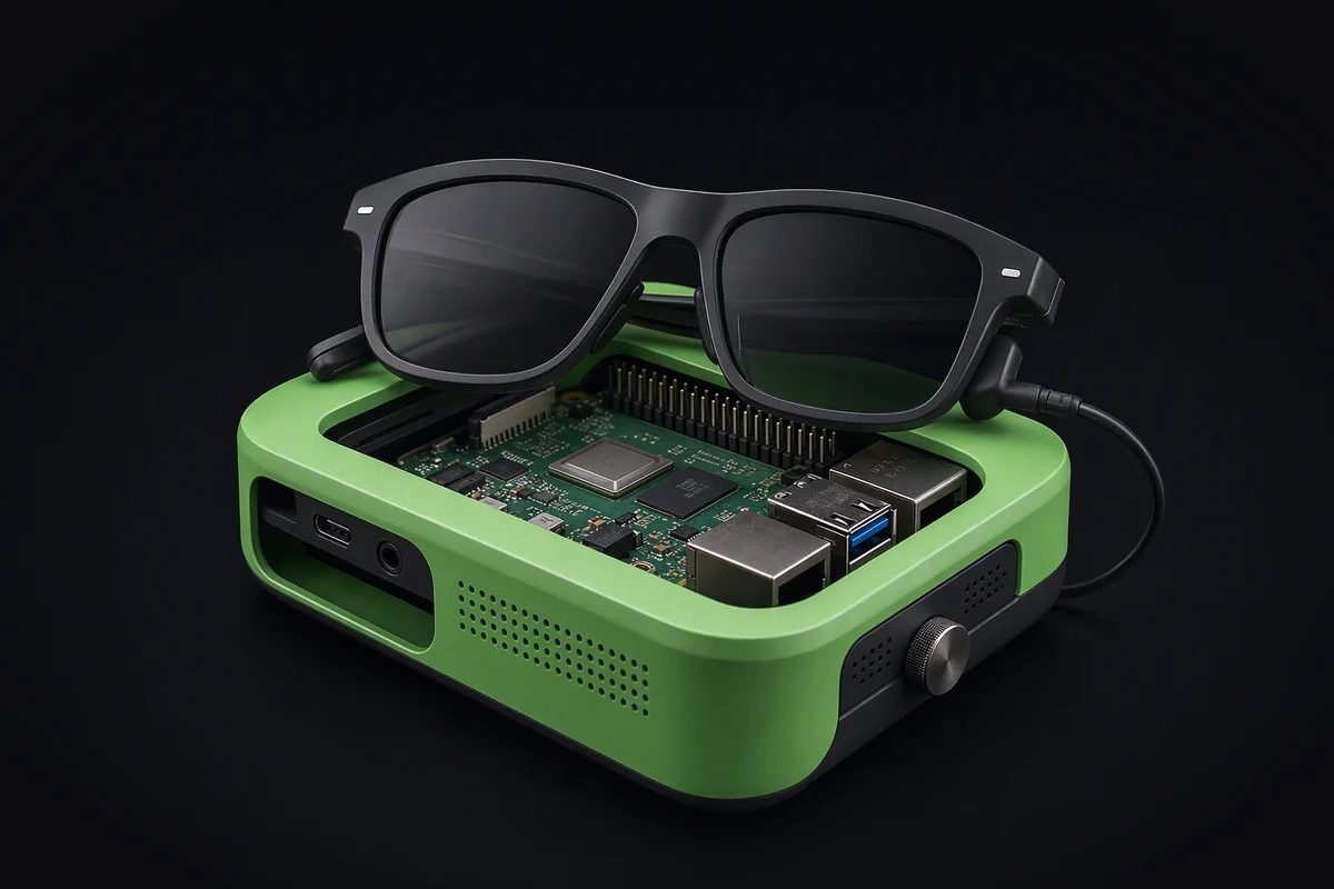 Plain folded display glasses resting on a single-board computer in a rounded open frame, a short cable running from the glasses into the board