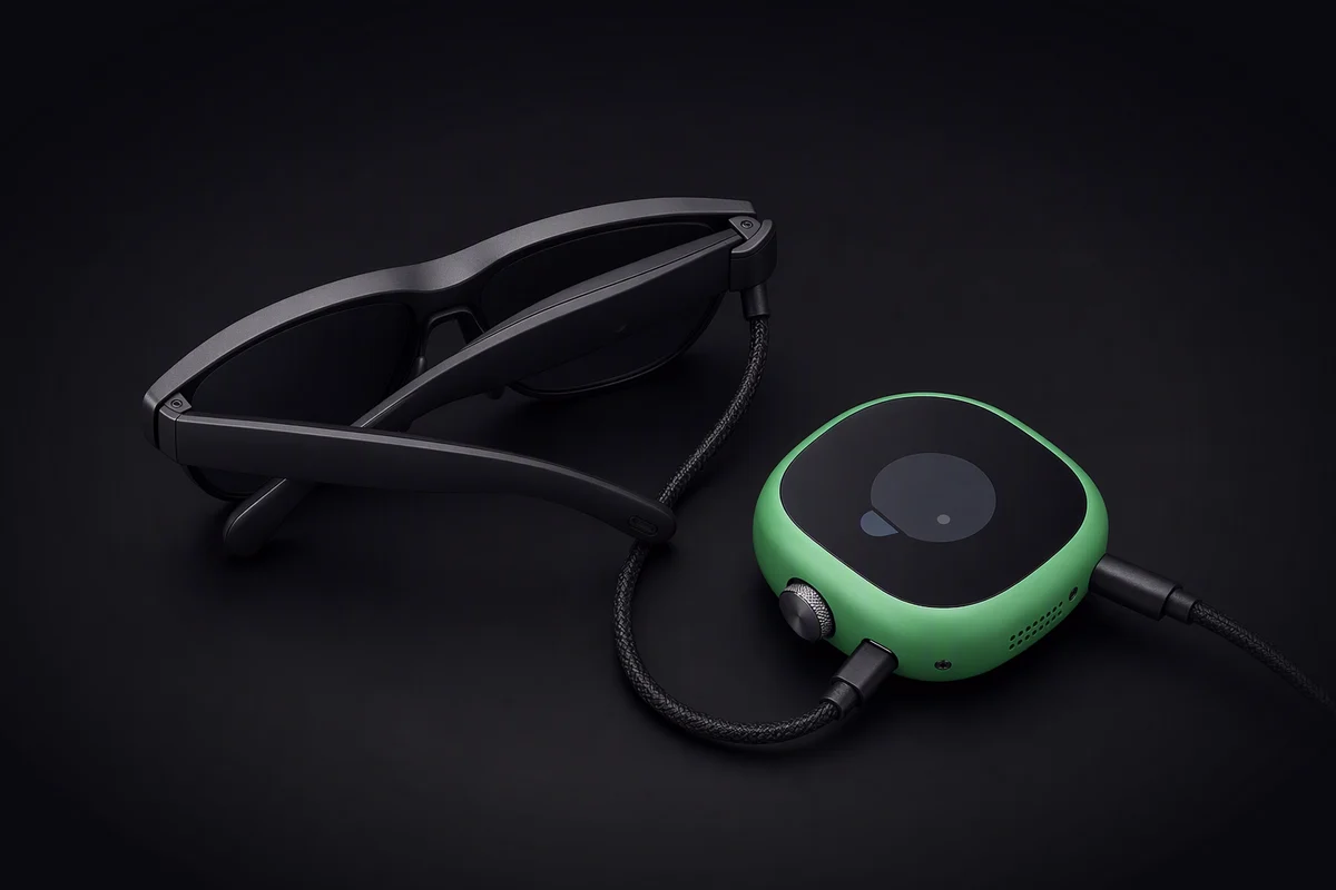 Plain folded display glasses joined by a short cable to a rounded pocket compute puck, a second cable plugged into the puck's side port