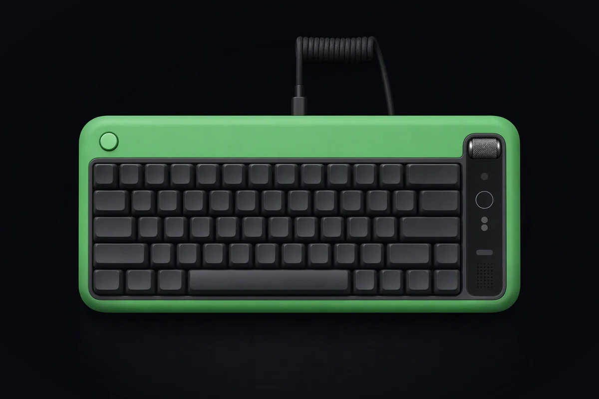 A compact keyboard from above with blank dark keycaps and a single green key