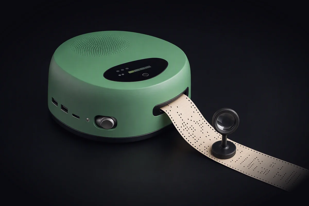 A rounded fanless computer feeding a long strip of punched paper tape from a slot on its side, the tape running past a small magnifier on a stand
