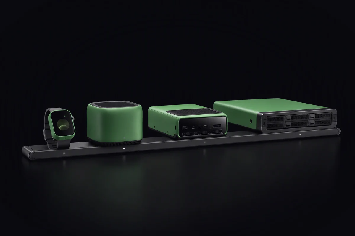 A wrist unit, a home hub cube, a robot module and a server sled lined up by size on one long rail